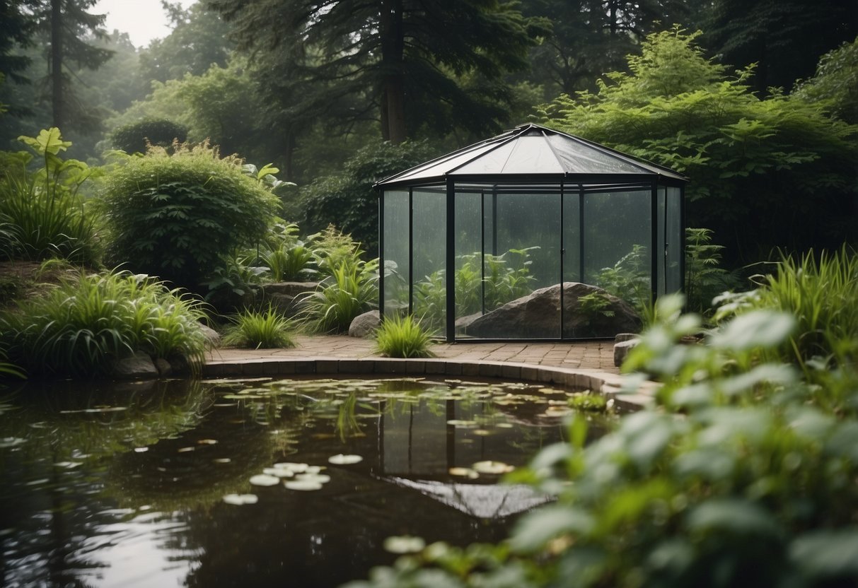 A backyard scene with a rain chamber set up for frogs, surrounded by lush greenery and a small pond