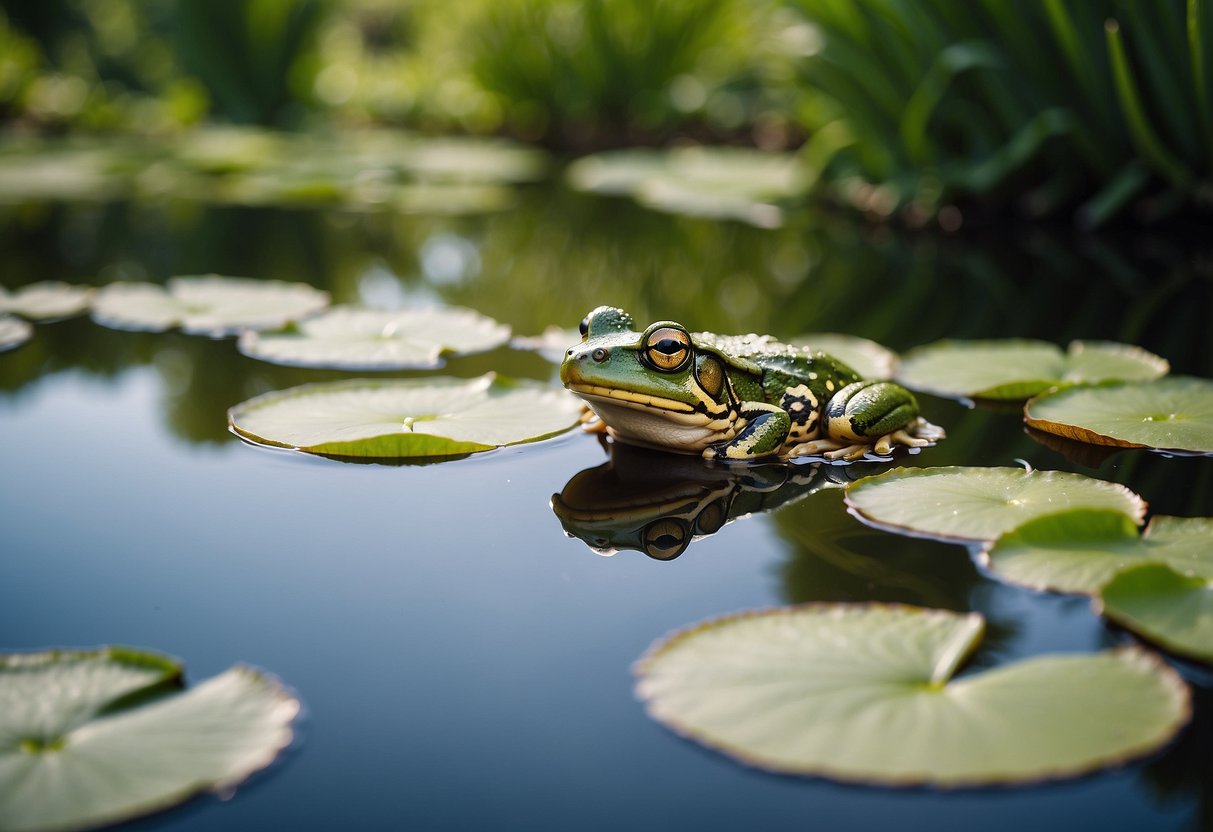 A clear pond reflects lush greenery, with frogs perched on lily pads. Their presence indicates healthy water quality and a thriving garden ecosystem