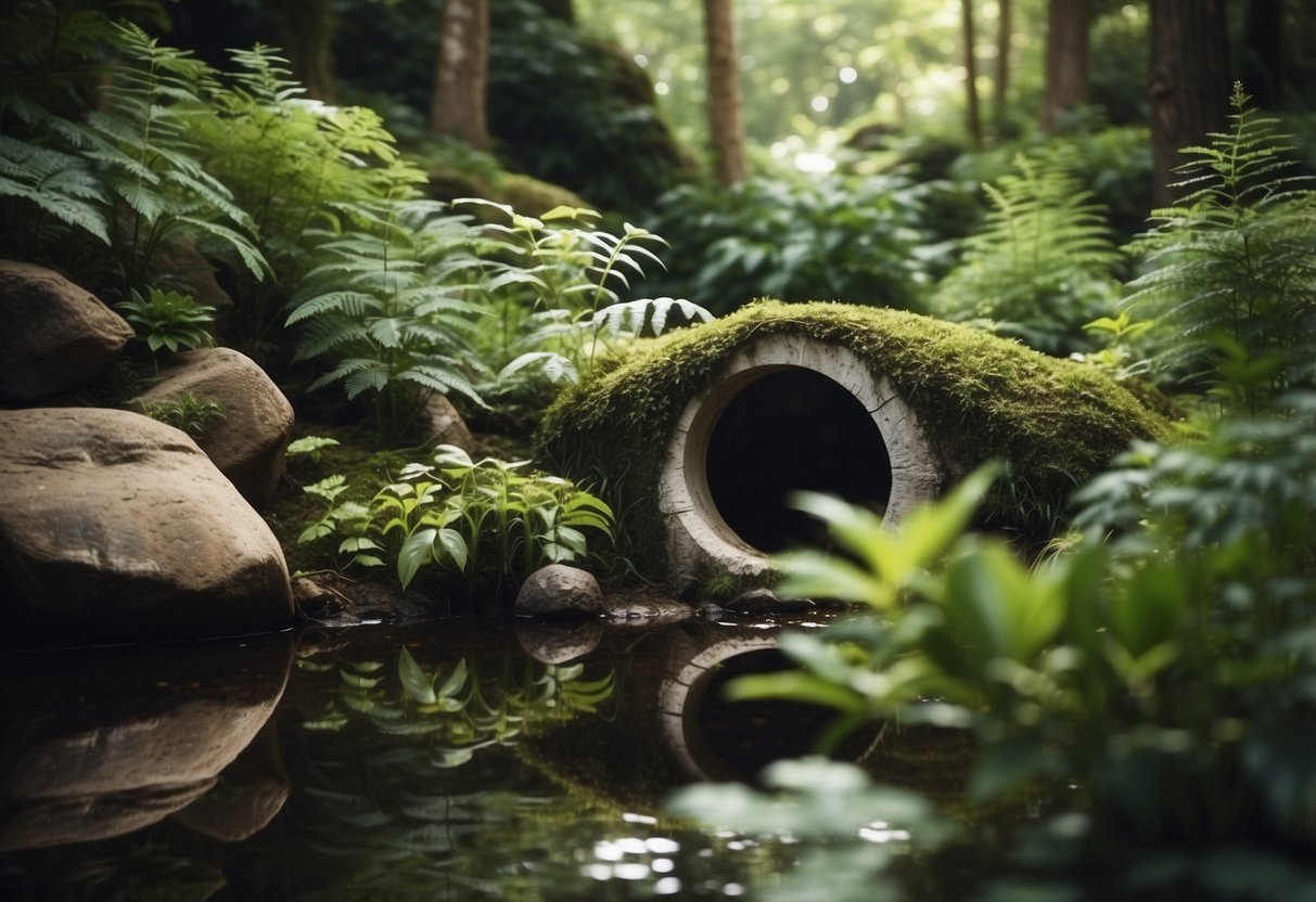 A cozy hideout nestled among rocks and plants, with a small pond nearby. A hollow log provides shelter, while leafy vegetation offers camouflage