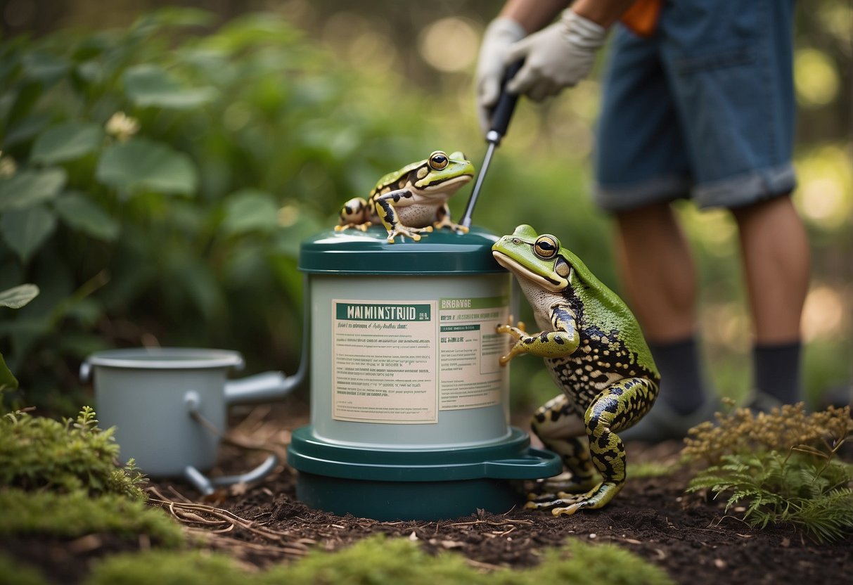 A frog and toad feeder station is being cleaned and maintained with tools and supplies nearby. The station is set up with clear instructions on how to make it