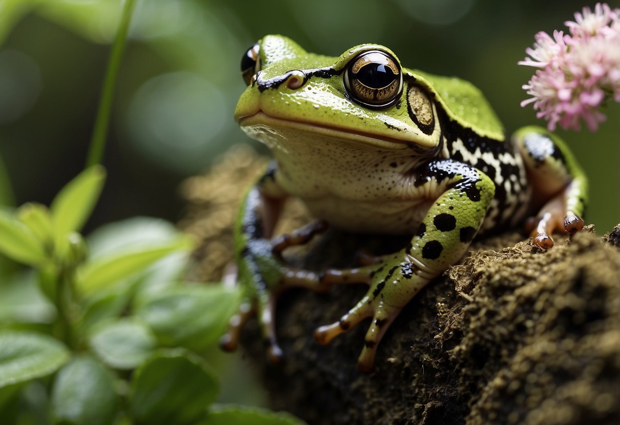 A frog catching and devouring a variety of insects in a lush garden setting