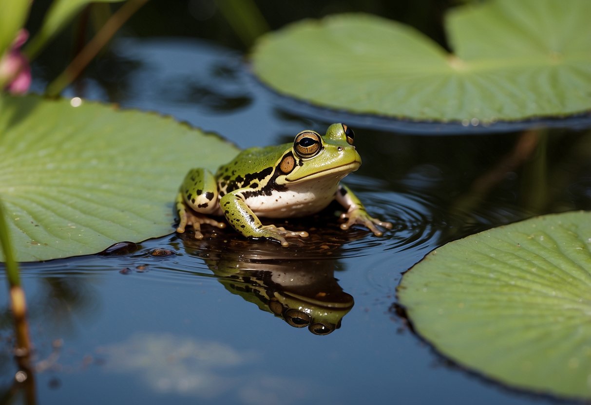 A frog perched on a lily pad, catching a buzzing dragonfly in its sticky tongue. Surrounding plants teem with insects