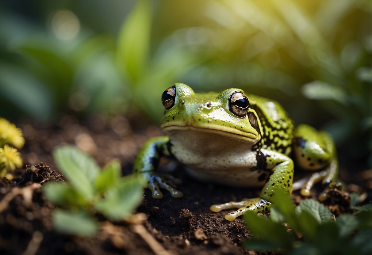 A frog sits in a lush garden, surrounded by buzzing insects. It catches and eats several insects in a day