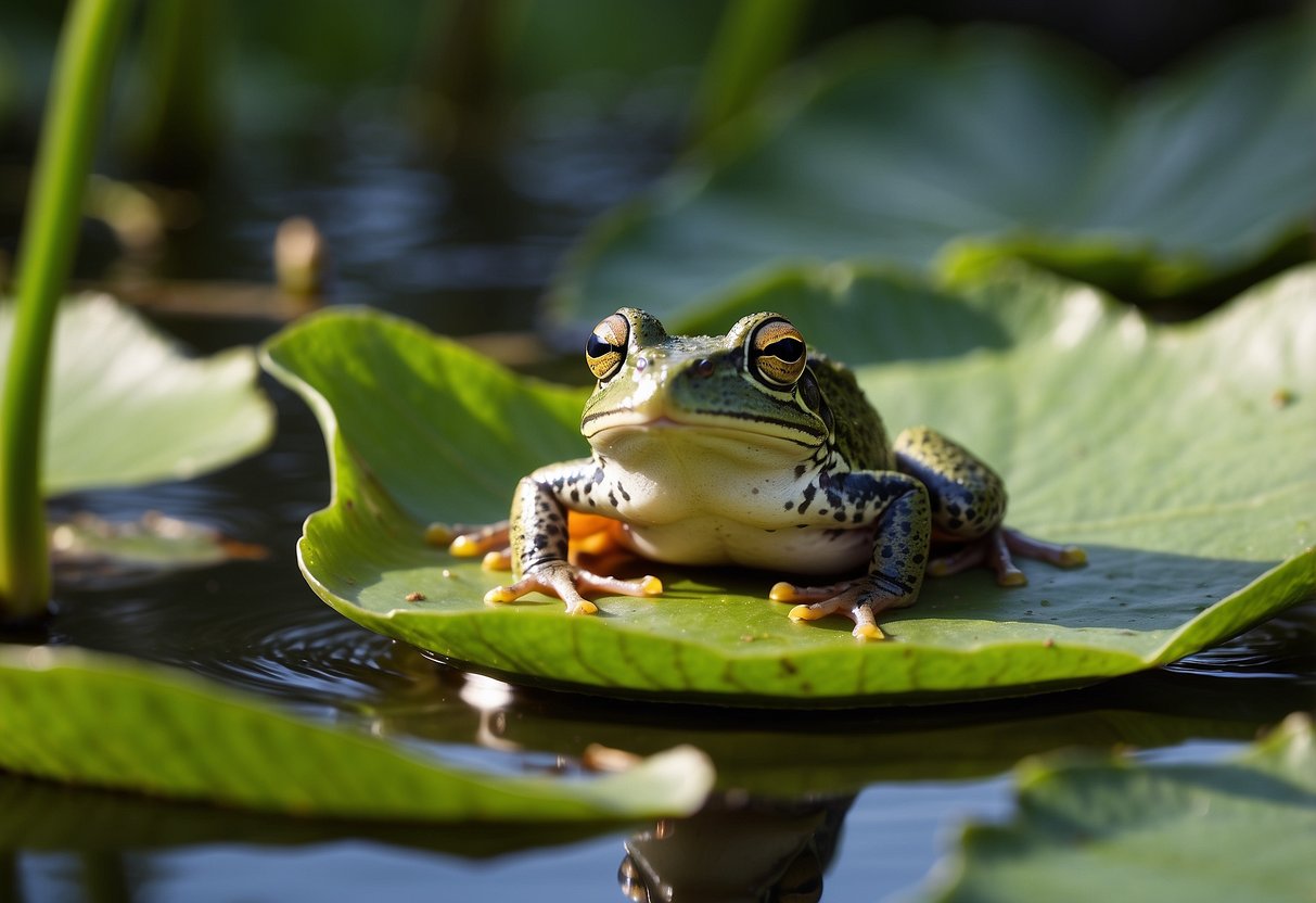 A frog sits on a lily pad, its tongue extended to catch a buzzing dragonfly. Nearby, a grasshopper hops through the lush green foliage