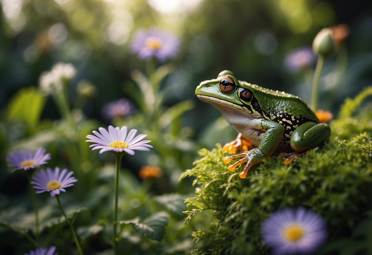 A garden filled with vibrant green plants and colorful flowers, with a variety of frogs hopping and lounging among the foliage