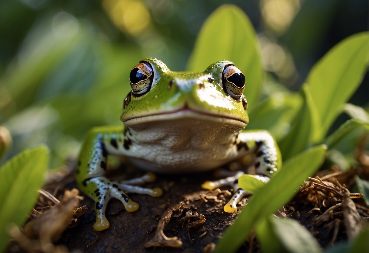 A garden frog consumes multiple insects a day, hopping among plants and catching prey with its long, sticky tongue