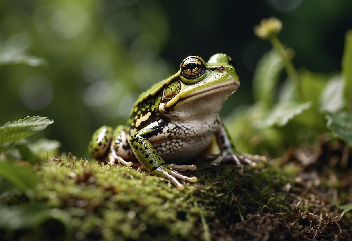 A garden frog sits among lush green foliage, its mouth open wide as it catches a buzzing insect in mid-air. Nearby, a small pile of insect carcasses indicates a successful day of hunting for the frog