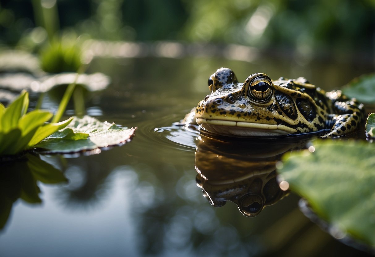 A garden pond teems with frogs and toads, feasting on mosquitoes. Clean water and natural pest control thrive