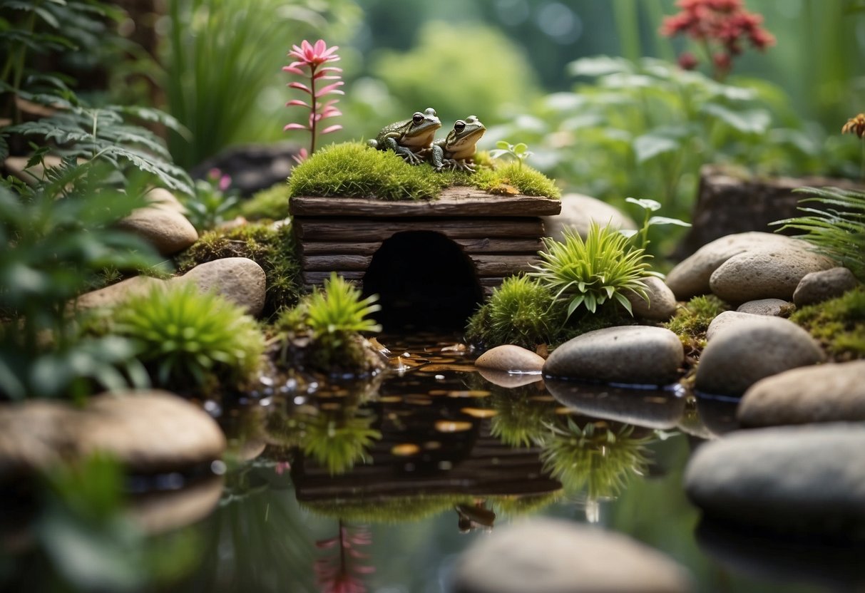 A garden scene with a small pond surrounded by rocks and plants, with a small shelter made from logs and leaves for frogs and toads