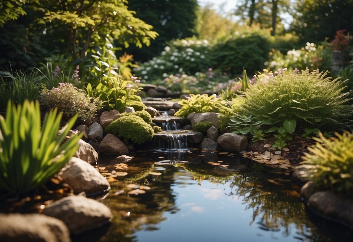 A garden with a small pond, rocks, and leaf litter. A variety of plants and flowers surround the area, providing shade and hiding spots for frogs and toads