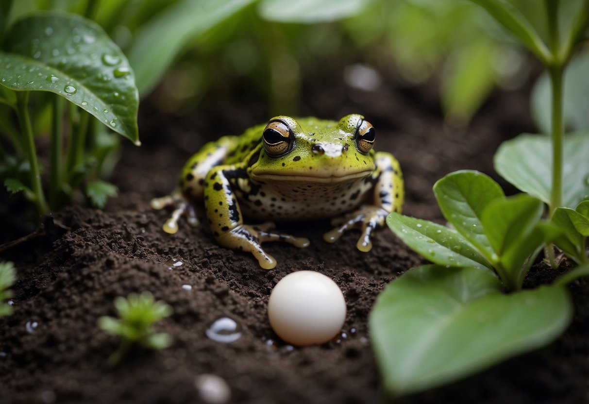 A garden with frog or toad eggs nestled in damp soil among greenery and flowers