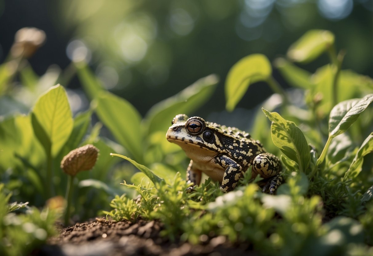 A garden with toads hopping among plants, eating pests and keeping the ecosystem in balance