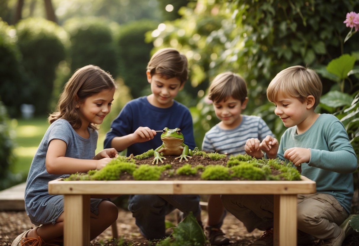 A group of children and adults gather around a table, assembling and decorating frog and toad feeder stations. Various materials and tools are spread out, with a backdrop of a lush garden and trees