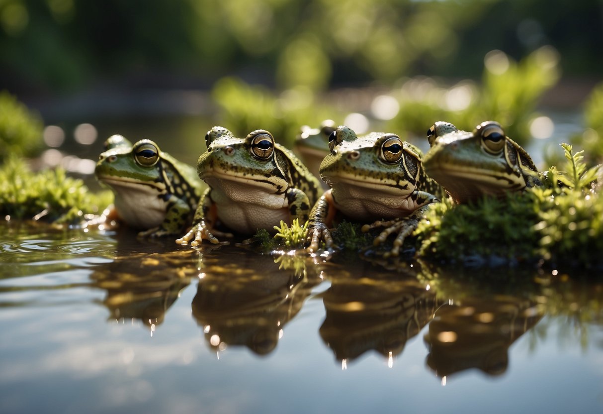 A group of frogs and toads gather around a clear pond, surrounded by lush green vegetation. A sign nearby reads 