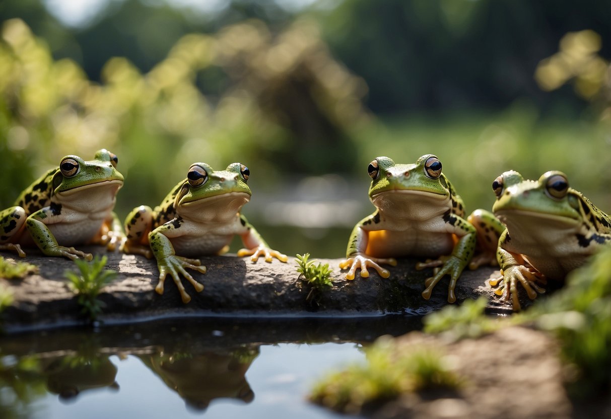A group of frogs and toads gather around a pond, while a knowledgeable educator teaches them about conservation efforts. The animals appear engaged and interested in the lesson