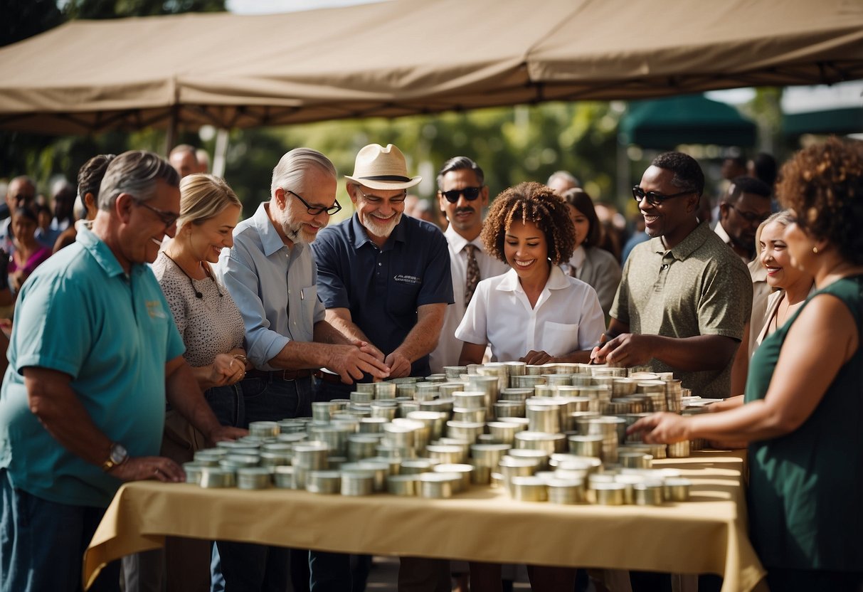 A group of people gather around a donation table, handing over money and signing up for local conservation efforts. Banners and posters promote fundraising events