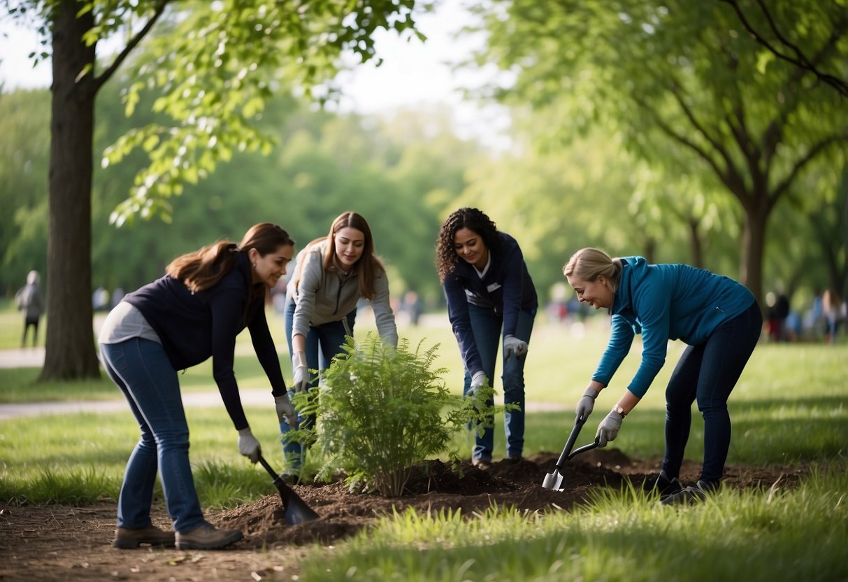 A group of volunteers plants trees in a local park, while others pick up litter along the trails. A sign nearby promotes conservation efforts
