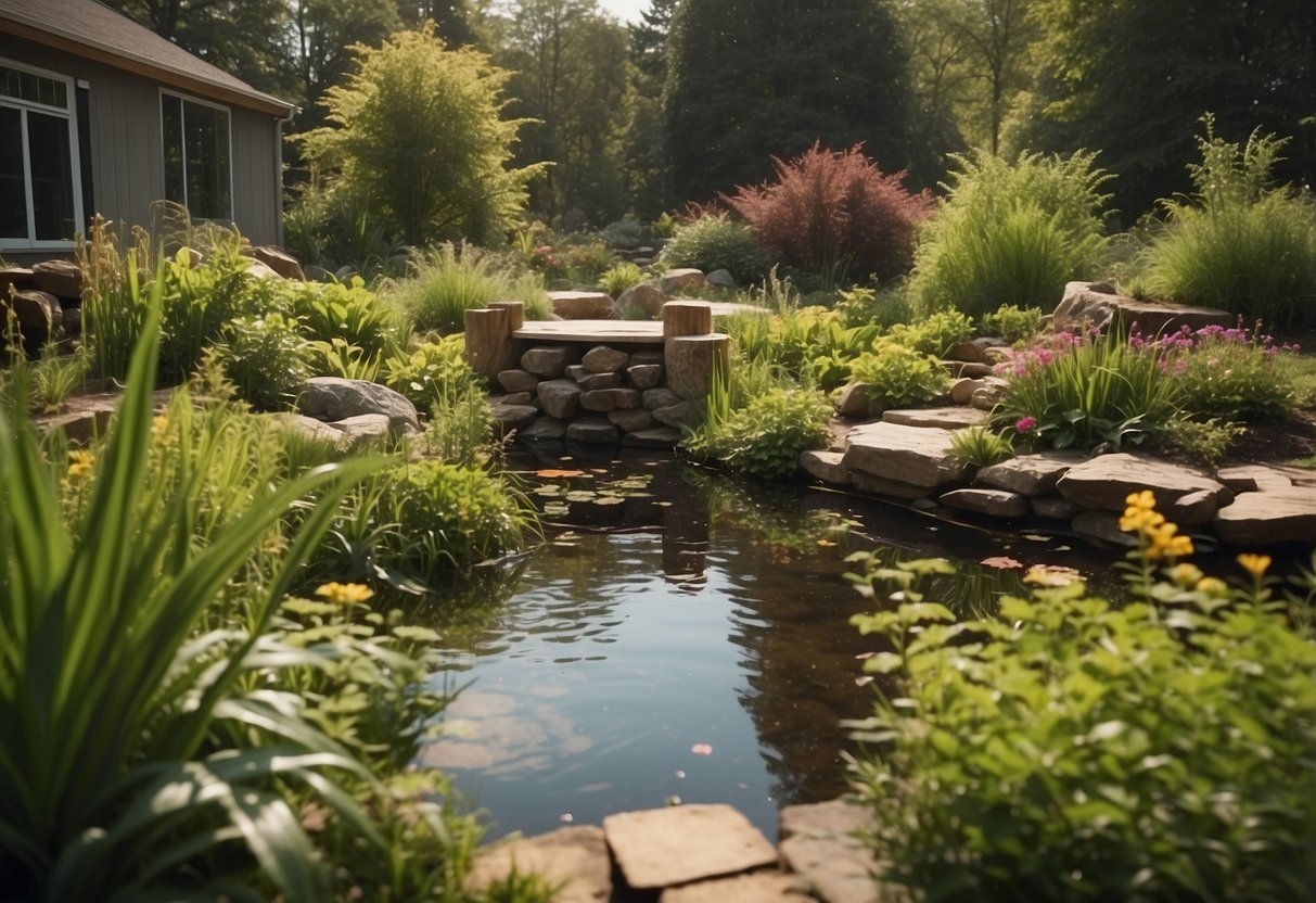 A lush backyard garden with a small pond, native plants, and logs for shelter. Frogs are hopping among the greenery, enjoying the ideal habitat