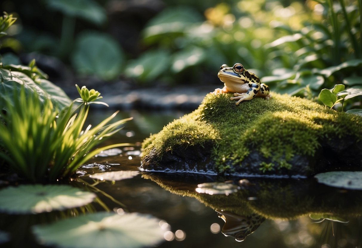 A lush, damp garden with a small pond, rocks, and leafy plants. A variety of hiding spots and shallow water for frogs and toads to thrive