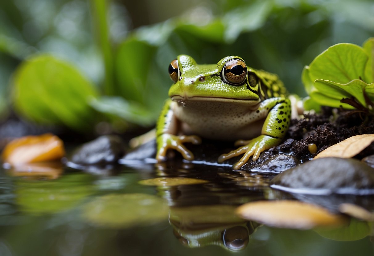 A lush, diverse garden with a small pond, rocks, and leaf litter. Native plants and a mix of sun and shade provide ample hiding spots and food sources for frogs and toads