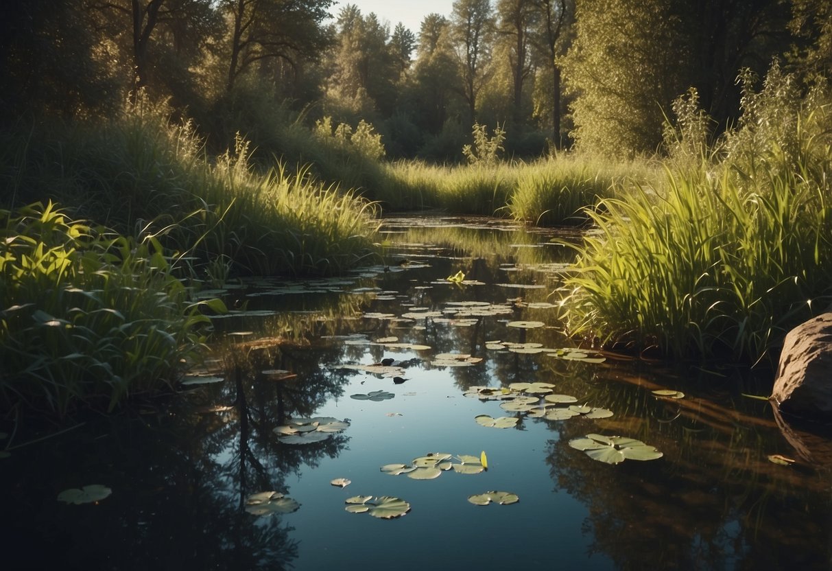 A lush, diverse wetland with clear, clean water, surrounded by natural vegetation and ample hiding spots for frogs and toads