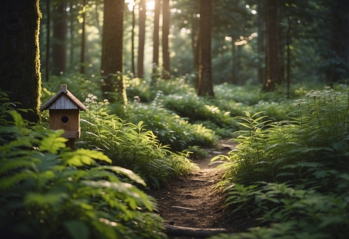 A lush forest with diverse flora and fauna, a stream running through, and signs of conservation efforts like birdhouses and native plantings