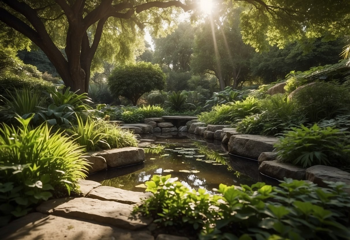 A lush garden with a small pond, leafy plants, and rocks for hiding spots. Sunlight filters through the trees, creating dappled shade