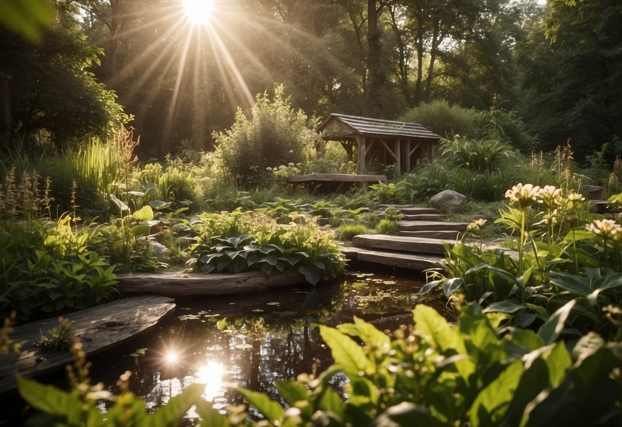 A lush garden with a small pond, native plants, and logs for shelter. Sunlight filters through the canopy, creating a warm and inviting habitat for frogs and toads
