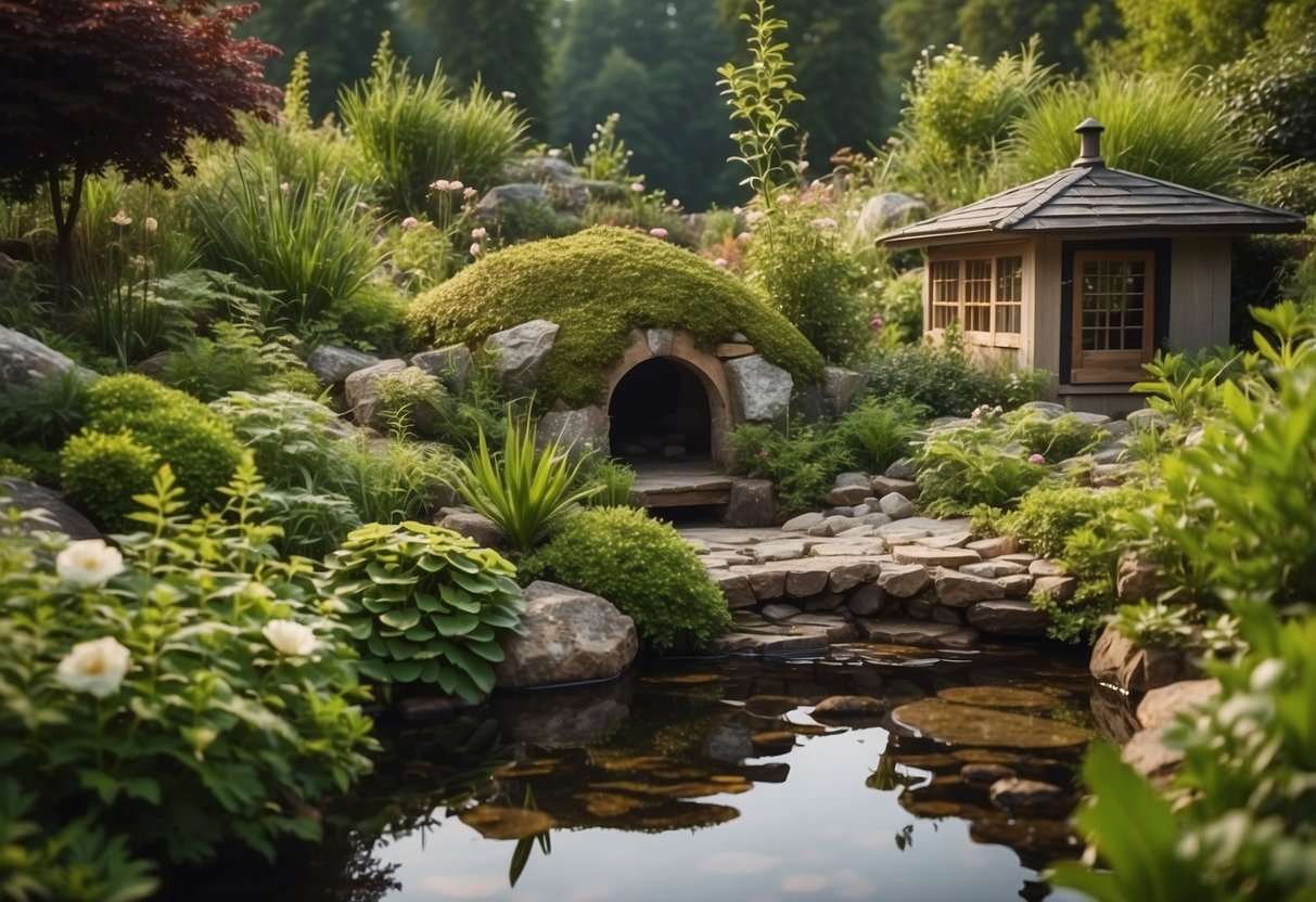 A lush garden with a small pond, rocks, and plants. Toad houses and shelters are scattered around the area, providing cozy hiding spots