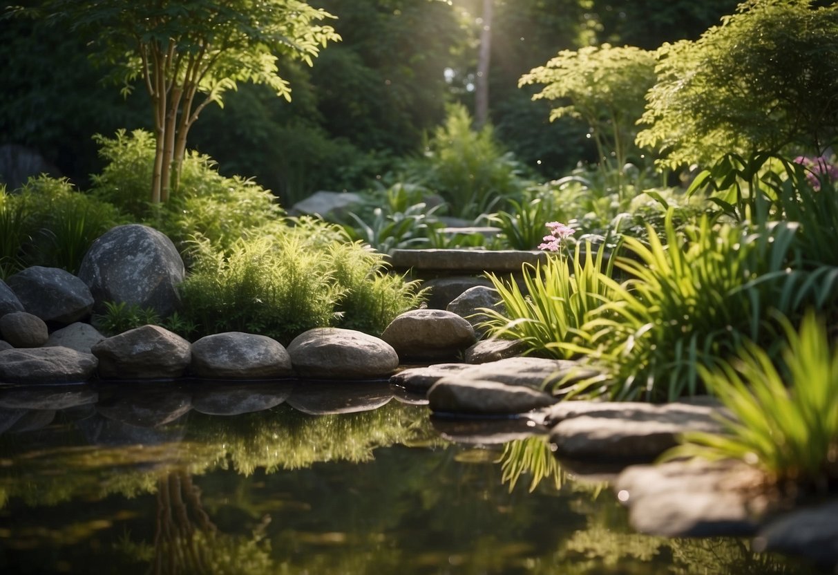 A lush garden with a small pond, rocks, and plenty of vegetation. A mix of shady and sunny spots, with hiding places and shallow water for frogs and toads