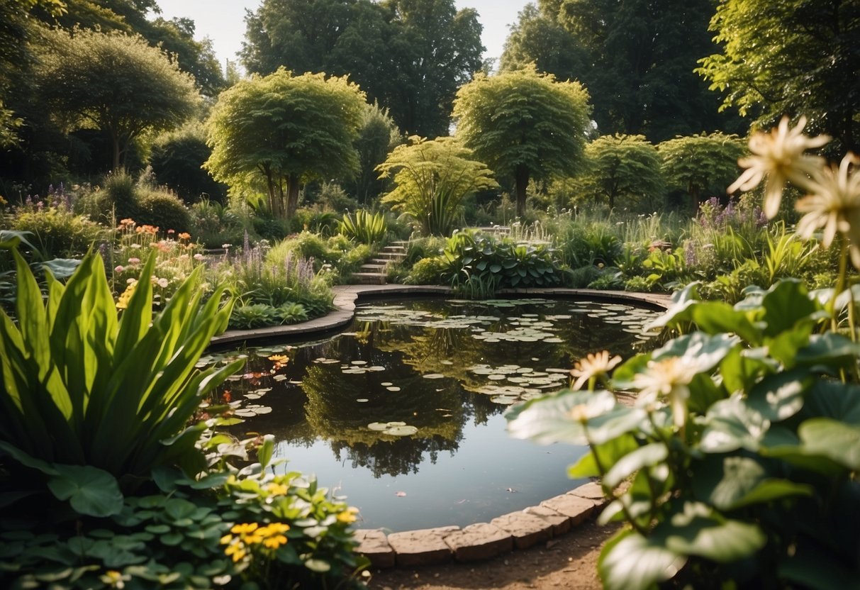 A lush garden with a variety of plants and trees, a small pond with lily pads, and a feeder station filled with insects and worms