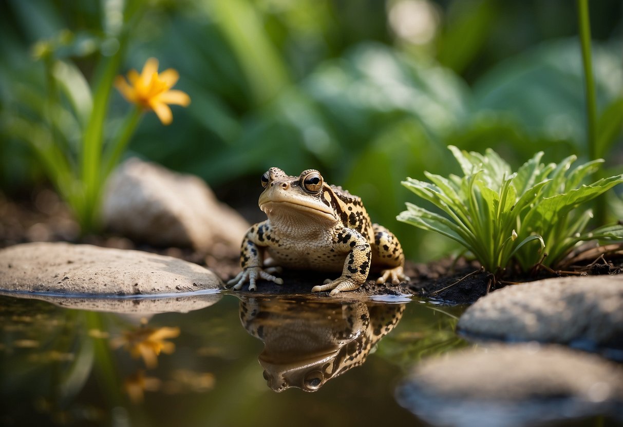 A lush garden with various habitats for toads, including a pond, rocks, and dense foliage. Toads are shown benefiting the garden by eating pests and maintaining a healthy ecosystem