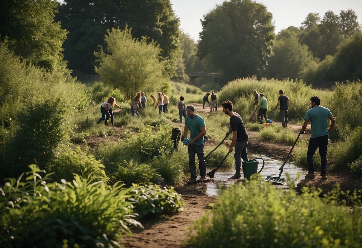 A lush green park with diverse wildlife, a community garden, and volunteers cleaning up a riverbank