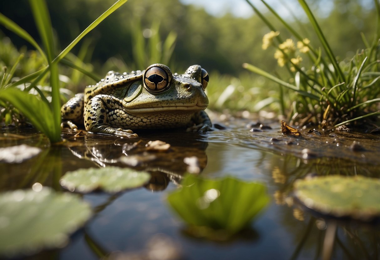 A lush, vibrant wetland teeming with diverse plant life and a variety of insects, providing ample food and shelter for a thriving population of frogs and toads throughout the year