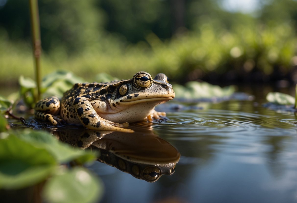 A lush, wetland habitat with diverse vegetation and a clean water source, providing ample hiding spots and breeding grounds for frogs and toads