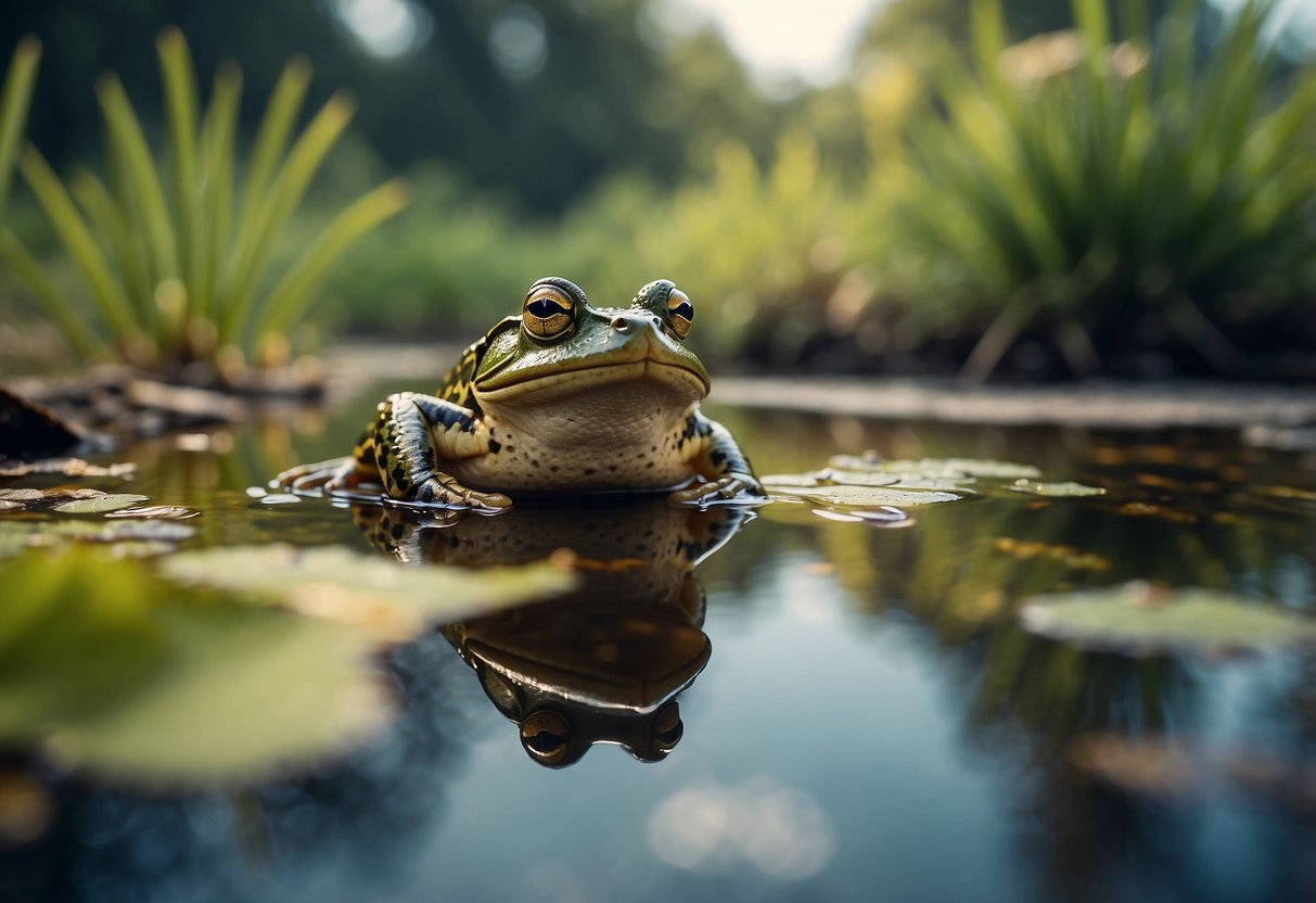 A lush wetland with diverse plant life, a tranquil pond, and a variety of habitats for frogs and toads. The scene is teeming with life, from the croaking of frogs to the hopping of toads