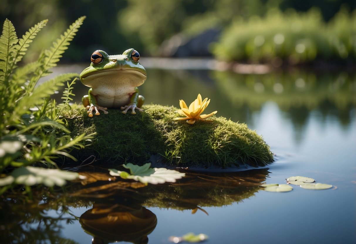 A peaceful pond surrounded by lush vegetation, with a small feeder station placed near the water's edge. A frog and a toad are perched nearby, ready to enjoy the feeding station