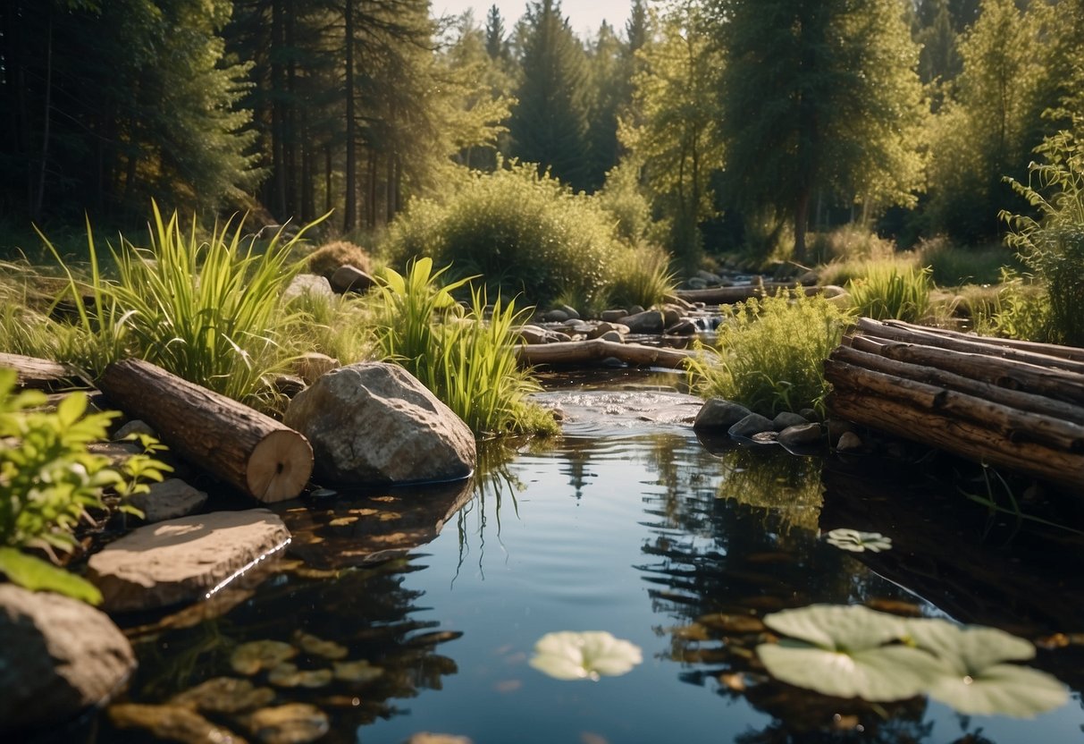 A pond surrounded by diverse vegetation, with logs and rocks for shelter. A small stream feeds the pond, providing a constant water source