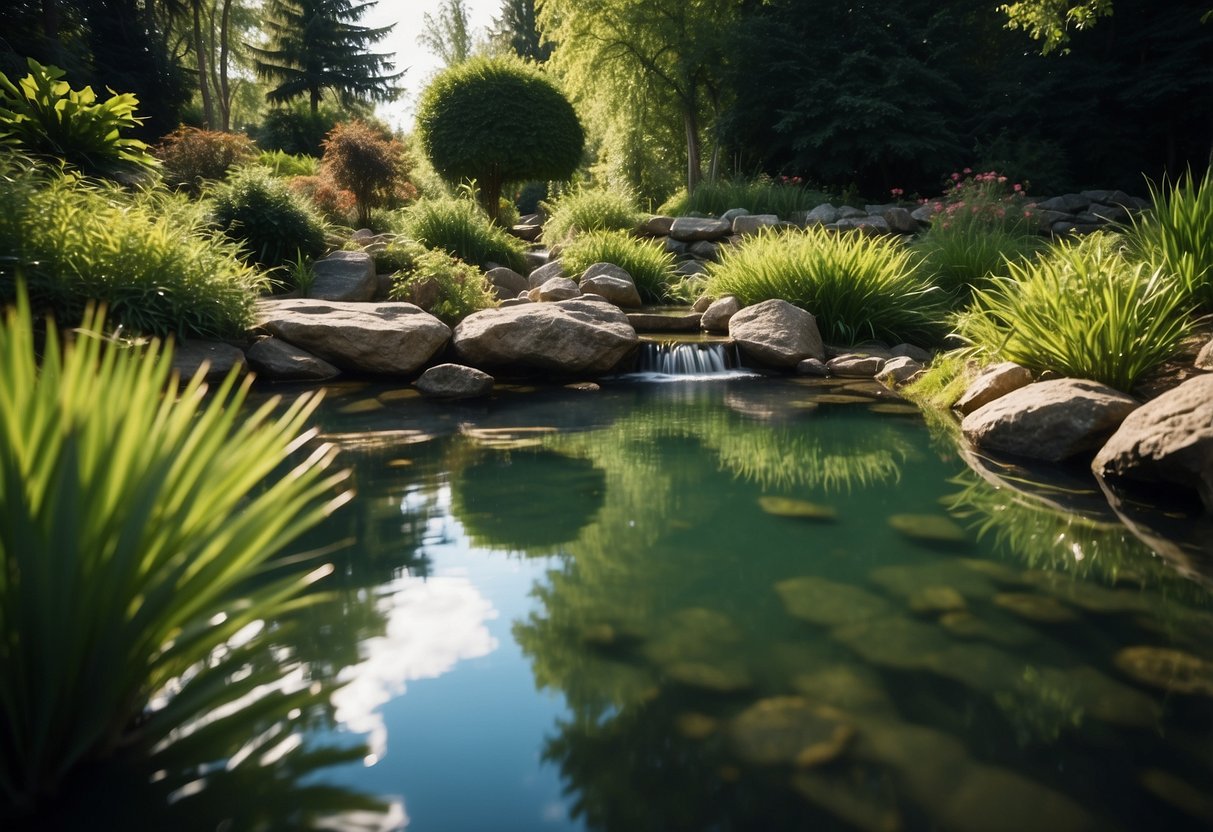 A serene pond with clear water, surrounded by lush green plants and rocks. A small pump and filter system hum softly in the background, maintaining the water quality
