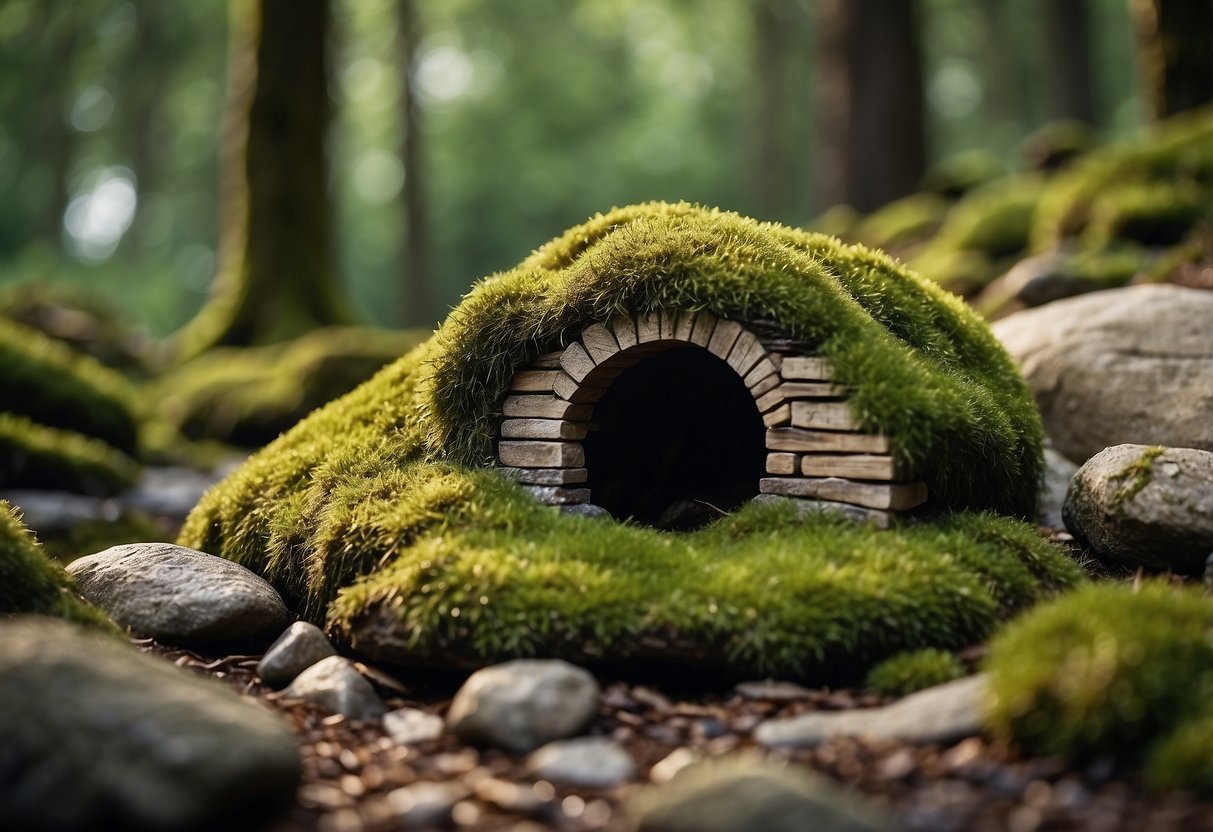A small, moss-covered shelter nestled among rocks and foliage, with a shallow pool nearby and a hollow log for hiding