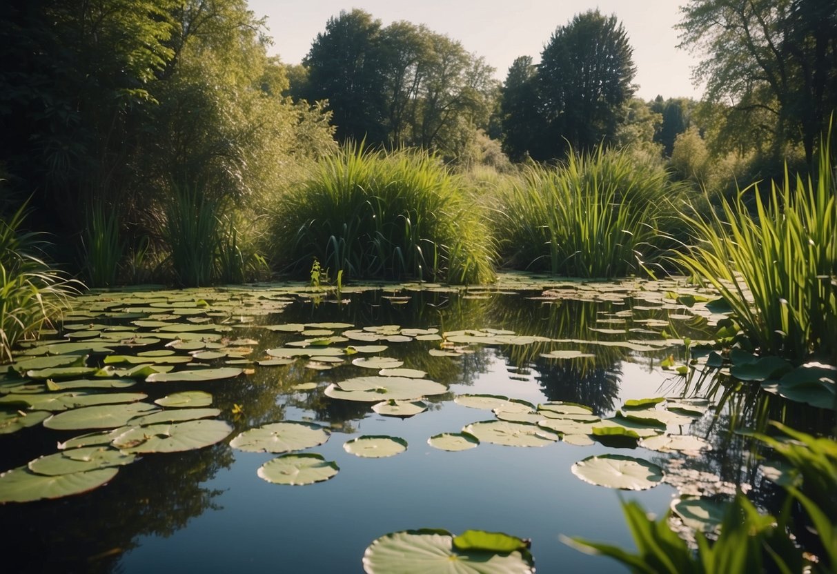 A small pond surrounded by lush vegetation, with lily pads and reeds, attracts frogs and toads