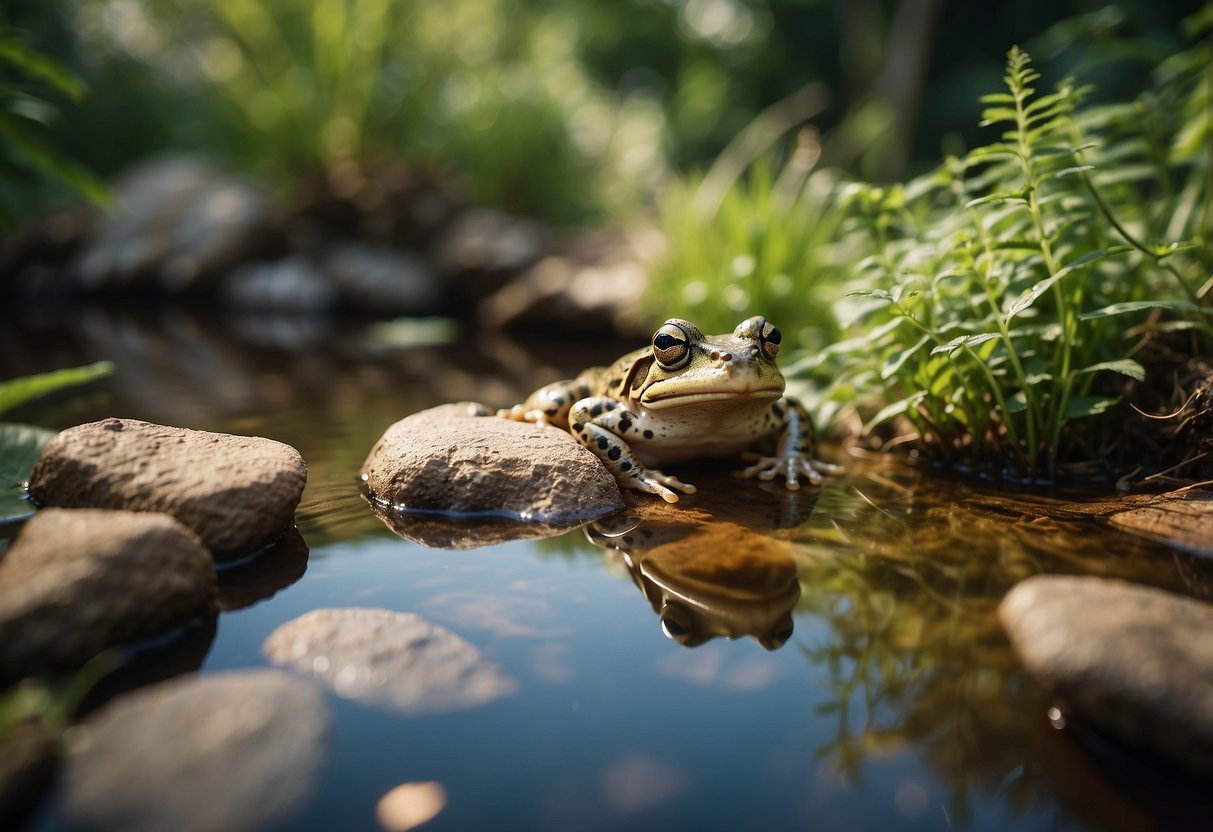 A small pond surrounded by lush vegetation, with rocks and logs for hiding spots. Frogs and toads are seen hopping and lounging around the area