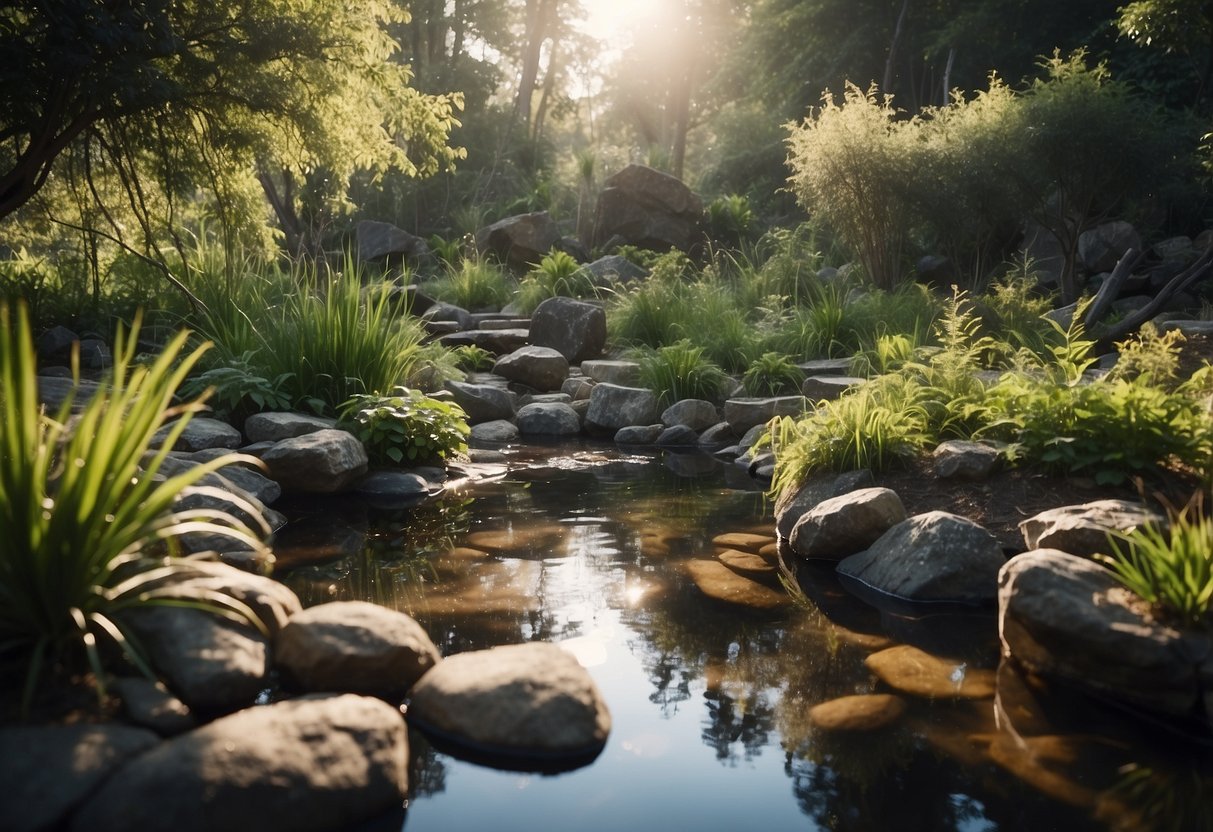 A small pond surrounded by native plants, logs, and rocks, with a variety of vegetation providing shade and cover for frogs