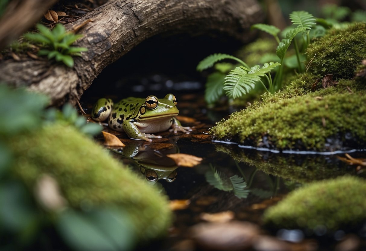 A small pond surrounded by rocks and plants, with a hollow log and leaf litter for hiding. A frog and toad are nestled in the cozy hideout