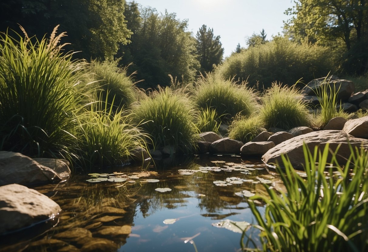 A small pond surrounded by tall grass and rocks, with leafy plants and logs for hiding spots