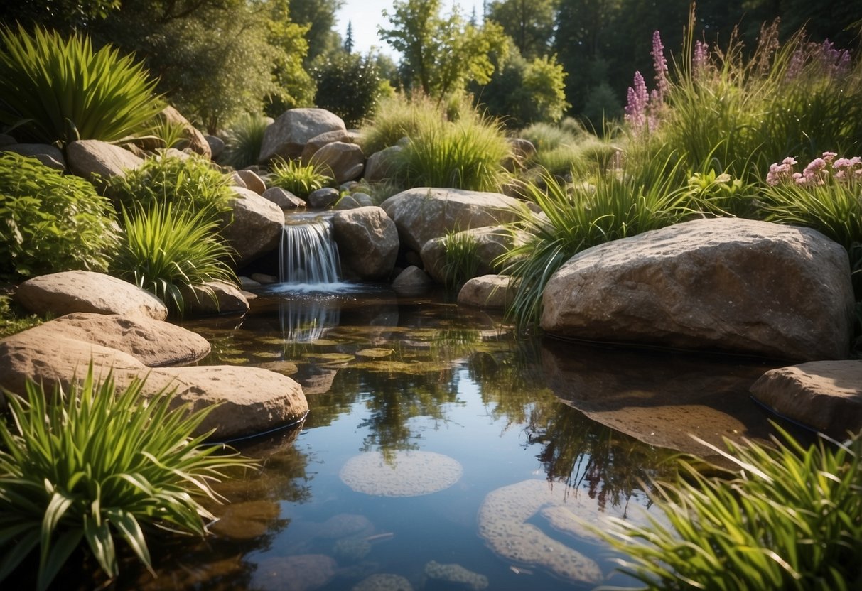 A small pond with rocks and plants, surrounded by lush greenery and flowers. A gentle stream flows into the pond, creating a tranquil and inviting habitat for frogs