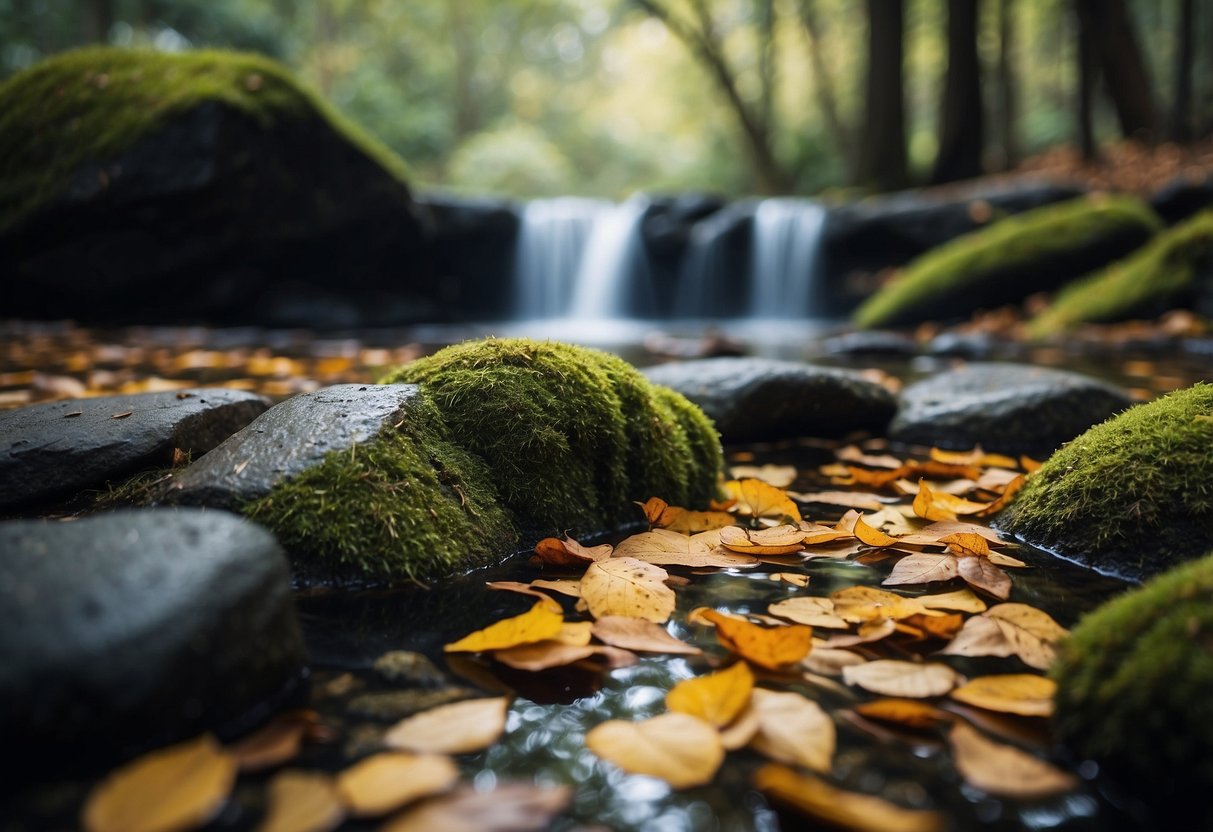 A small, shaded area beneath a cluster of rocks and foliage, with a small pool of water nearby. Fallen leaves and twigs scattered around the hideout