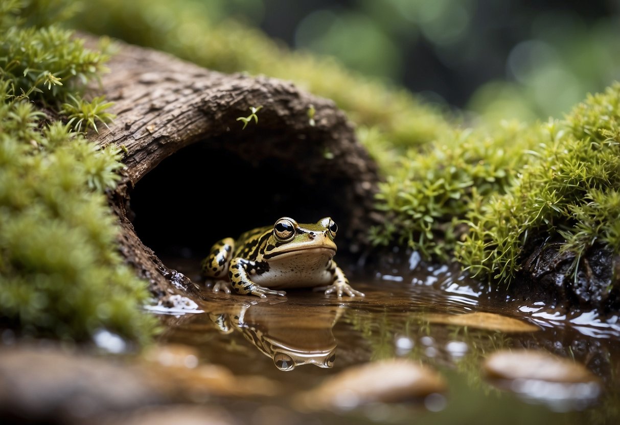 A small, shaded area with rocks and vegetation, near a water source. A hollowed out log or underground burrow could serve as a frog or toad hideout