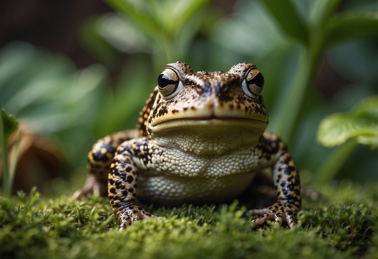 A toad sits in a cozy habitat in a backyard or garden, surrounded by lush greenery and a small shelter for protection