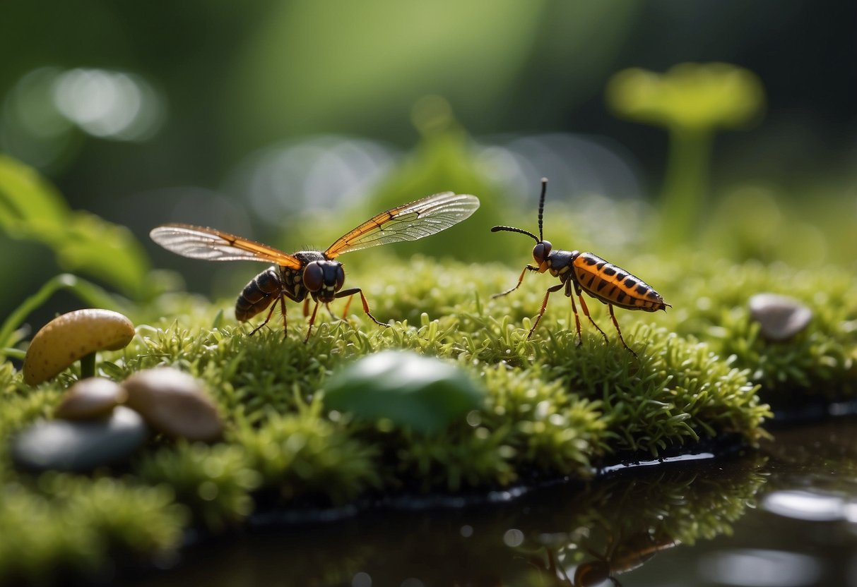 A variety of insects and small invertebrates are laid out on a flat surface, surrounded by lush green plants and water sources